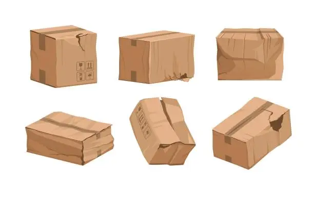 Vector illustration of Damaged box. Cartoon broken package. Ripped and wet shipping cardboard packaging. Cargo and mail parcels set. Wrinkled containers. Vector poor quality delivery or warehouse storage