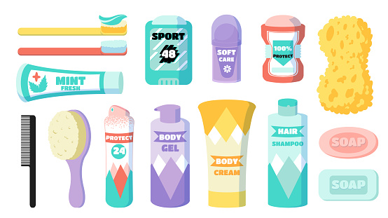 Hygiene set. Cartoon body and face skin care daily cosmetics. Shower clip art collection. Soap and shampoo bottles. Isolated deodorant or hair comb. Mint toothpaste and toothbrush. Vector toiletries