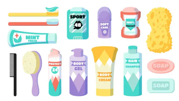 Vector illustration of Hygiene set. Cartoon body and face skin care daily cosmetics. Shower clip art collection. Soap and shampoo. Isolated deodorant or hair comb. Toothpaste and toothbrush. Vector toiletries