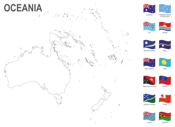ozeanien weiße karte mit flaggen vor weißem hintergrund - flag waveform computer icon icon set stock-grafiken, -clipart, -cartoons und -symbole