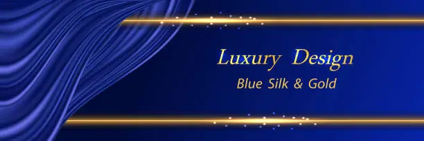 Vector illustration of Blue silk luxury background. Deep blue satin curtain and golden glowing border lines. Smooth silk drapery texture. Luxurious abstract backdrop for banner or poster. Vector illustration