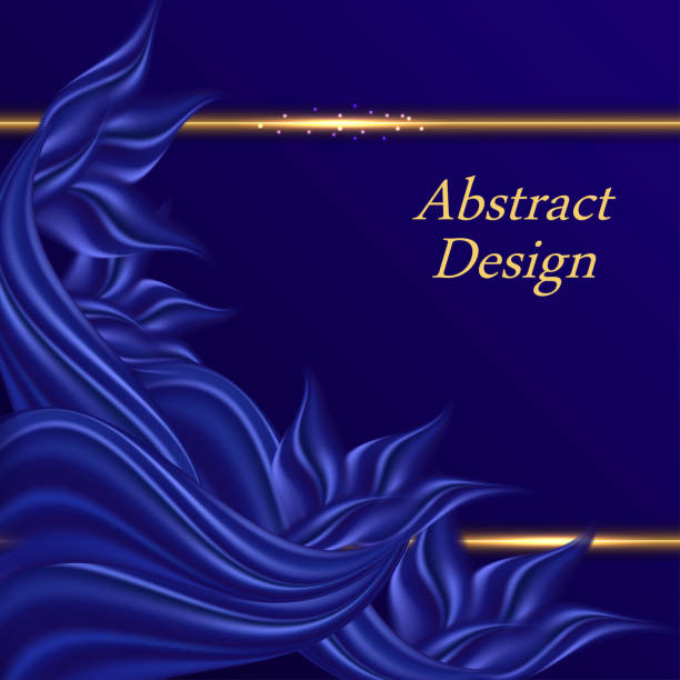Blue satin decorative background for cover, poster. Smooth silk wavy texture, blue abstract floral pattern and golden glowing border lines. Vector illustraton Blue satin decorative background for cover, poster. Smooth silk wavy texture, luxurious blue color flow abstract floral pattern and golden glowing border lines. Vector illustraton royal blue curtains stock illustrations