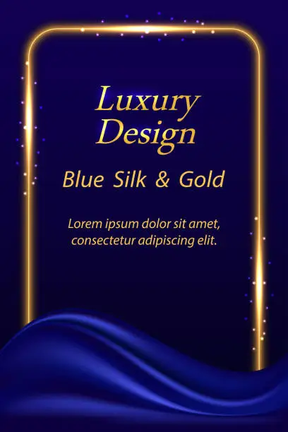 Vector illustration of Luxury blue and gold background for poster or cover. Deep blue silk wave drapery and golden glowing frame border with neon shine light effect. Vector illustration