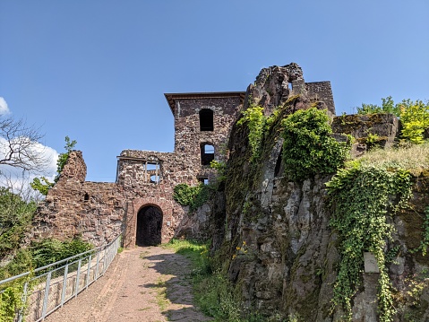 Bellinzona, Switzerland - April 22, 2021: Bellinzona is a municipality, historic Swiss town. It's the capital of the canton of Ticino in Switzerland. The town is famous for its three castles (Castelgrande, Montebello, Sasso Corbaro) that have been UNESCO World Heritage Sites since 2000.