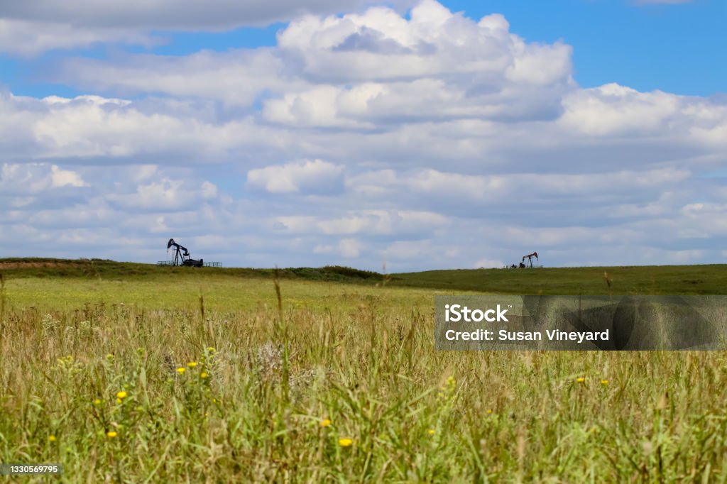 Two oil gas pumpjacks on the horizon of hills out on the prarie with blue sky with white clouds and blurred weeds and flowers in foreground Oklahoma Stock Photo