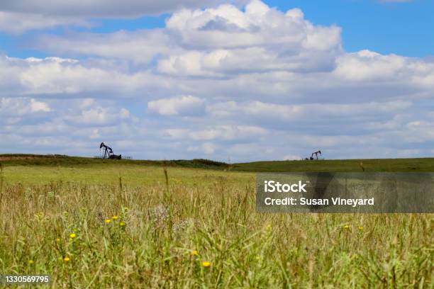 Two Oil Gas Pumpjacks On The Horizon Of Hills Out On The Prarie With Blue Sky With White Clouds And Blurred Weeds And Flowers In Foreground Stock Photo - Download Image Now