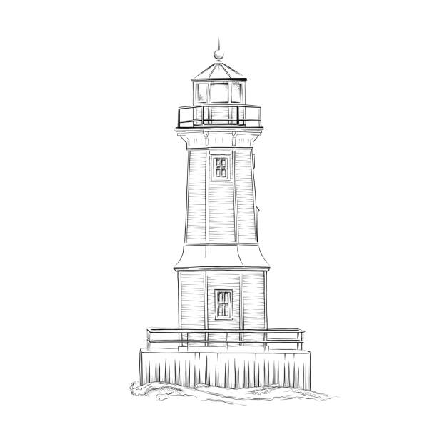 ilustraciones, imágenes clip art, dibujos animados e iconos de stock de lighthouse vector illustration in pen and ink style. - siding white backgrounds pattern