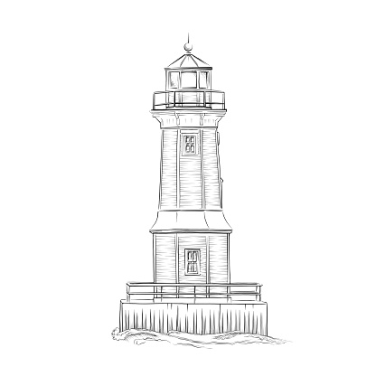 Lighthouse drawings in  pen and ink style. Grosse Ile North Light, Michigan, United States. Vector EPS10 file.