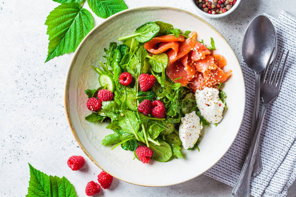 istock Summer salad with salted salmon, ricotta and raspberries. 1330572823
