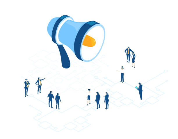 istock Business people working around megaphone, discussing the deal. Isometric iconographic of business working space with people, business concept illustration 1330574193