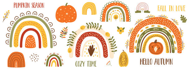 Autumn pumpkin clip art, autumn rainbow set. Thanksgiving pumpkin, fall floral elements, cute arches vector art illustration
