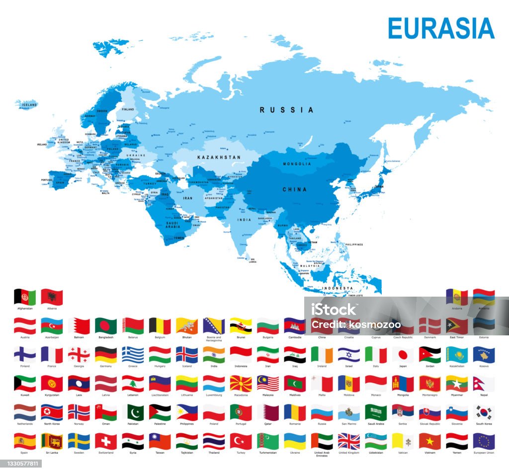 Eurasia Map Color Eurasia Blue Map With Flags Against White Background Stock Illustration ...
