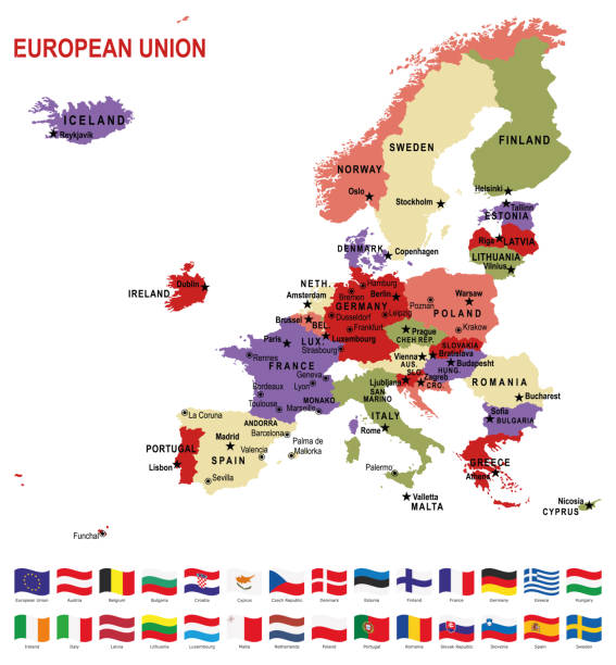 mehrfarbige karte der europäischen union mit flaggen vor weißem hintergrund - flag waveform computer icon icon set stock-grafiken, -clipart, -cartoons und -symbole