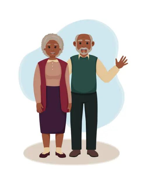 Vector illustration of Black grandparents standing together. Vector illustration of happy grandmother and grandfather. Elderly couple waving hand. African American old woman, old man