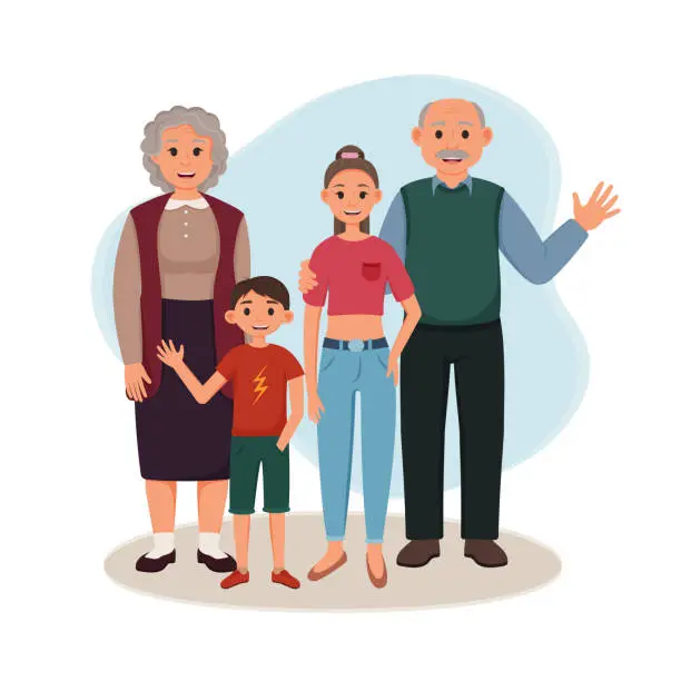 Vector illustration of Grandfather and grandmother with their grandchildren are standing. Vector illustration of happy grandparents with granddaughter and grandson. Elderly couple and young grandchildren waving hand.