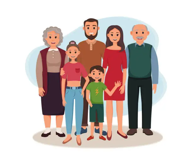 Vector illustration of Happy family are standing together. Vector illustration of smiling grandparents, parents and children. Grandma, grandpa, dad, mom, son, daughter. Cartoon style