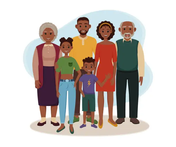 Vector illustration of Black family are standing together. Vector illustration of happy grandparents, parents and children. African American grandma, grandpa, dad, mom, son, daughter