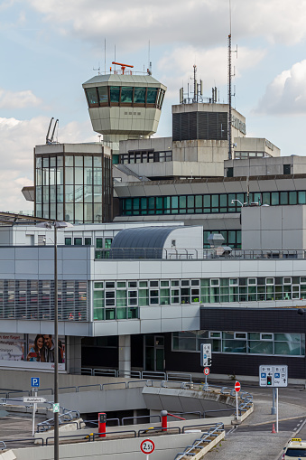Berlin, Germany - September 15, 2018: Berlin Tegel - Otto Lilienthal Airport Air Traffic Control Tower and Terminal building, TXL, EDDT