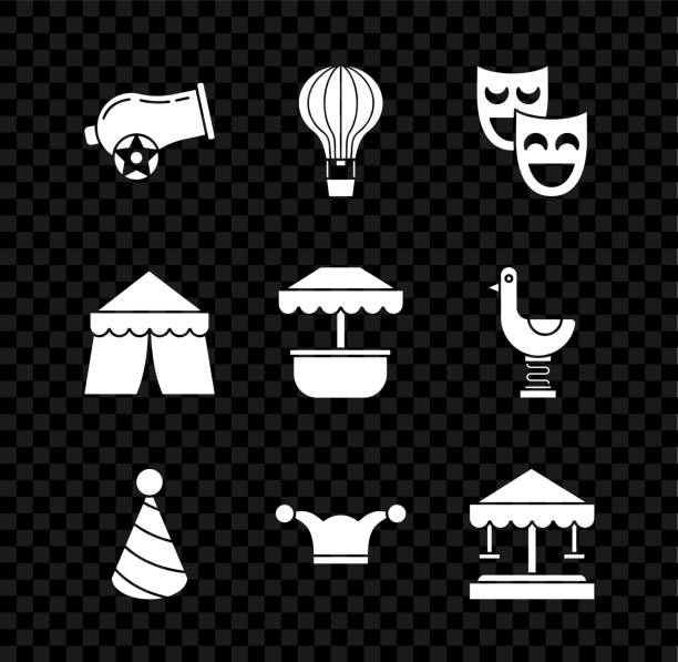 ilustrações de stock, clip art, desenhos animados e ícones de set cannon, hot air balloon, comedy theatrical masks, party hat, jester with bells, attraction carousel, circus tent and icon. vector - harlequin mask black sadness