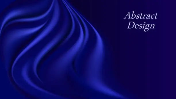 Vector illustration of Blue silk wavy background. Deep blue swirl curtain drapery with smooth and shiny satin texture. Luxurious elegant backdrop for poster or banner. Vector illustration