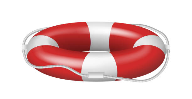 Rescue rubber lifebuoy side view template with red stripes and rope. Lifebelt ring for water rescue Rescue rubber lifebuoy side view template with red stripes and rope isolated on white background. Lifebelt ring for water rescue. Realistic 3d vector illustration ring buoy stock illustrations