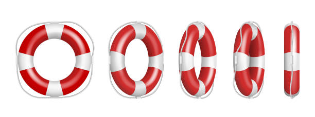 Realistic lifebuoy striped rubber hoops, rescue life belt isolated on white background Realistic lifebuoy striped rubber hoops, rescue life belt isolated on white background. Survival ring marine equipment lifeline collection. 3d vector illustration ring buoy stock illustrations