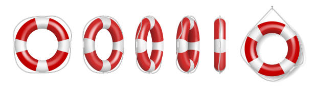 Set of red life buoys. Rescue belts, inflatable rubbers lifebuoys ring with rope for help and safety Set of red life buoys. Rescue belts, inflatable rubbers lifebuoys ring with rope for help and safety of life drowning on white background. Realistic 3d vector illustration ring buoy stock illustrations