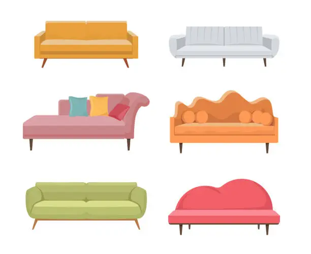 Vector illustration of Set of Modern Sofa, Classic or Retro Couch Comfortable Two-seat Lawson Sofa, Loveseat, Chaise and Futon Soft Couches