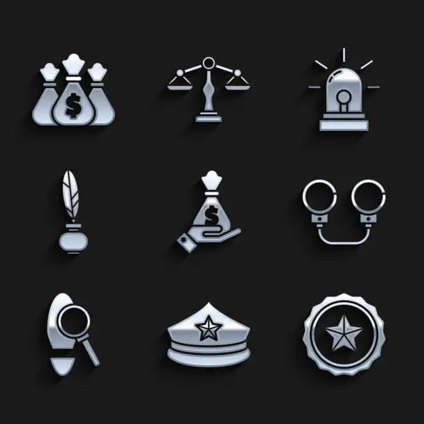 Vector illustration of Set Hand holding money bag, Police cap with cockade, badge, Handcuffs, Magnifying glass footsteps, Feather inkwell, Flasher siren and Money icon. Vector