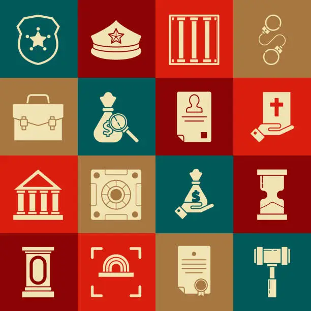 Vector illustration of Set Judge gavel, Old hourglass, Oath on the Holy Bible, Prison window, Money bag and magnifying, Briefcase, Police badge and Identification icon. Vector