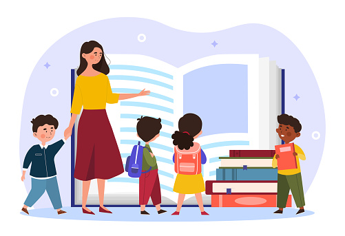 Teaching children concept. Teacher reads an educational book to young children. Preschool education. Classes in kindergarten. Cartoon modern flat vector illustration isolated on a white background