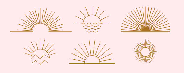 Sun logo design templates Sun logo design templates. Vector set of linear boho icon and symbols. Minimalistic line art design elements for decorating, social network, and poster. Abstract collection isolated on pink background tattoo symbols stock illustrations