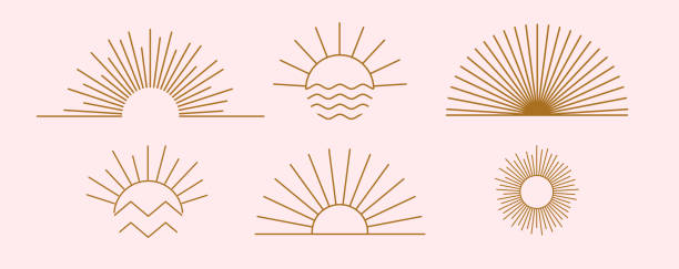 Sun logo design templates Sun logo design templates. Vector set of linear boho icon and symbols. Minimalistic line art design elements for decorating, social network, and poster. Abstract collection isolated on pink background sun sparkle stock illustrations