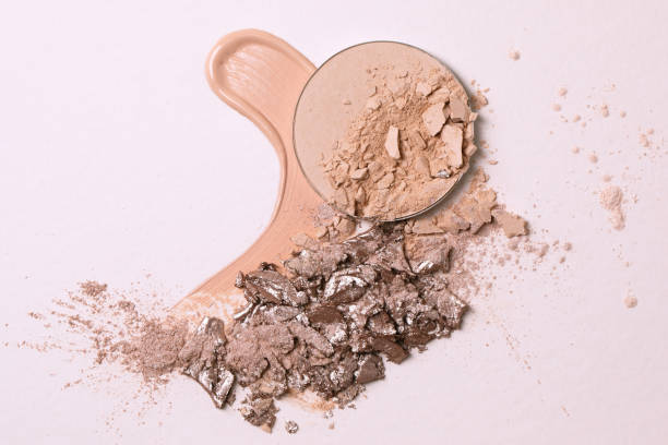 istock Crashed beige face finishing and liquid powder and crashed eyeshadow texture. Macro texture of make-up on beige background 1330590199