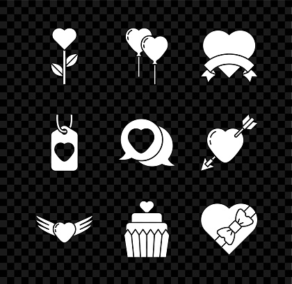 Set Heart shape in flower Balloons form of heart with wings Wedding cake Candy shaped box tag and speech bubble icon. Vector.