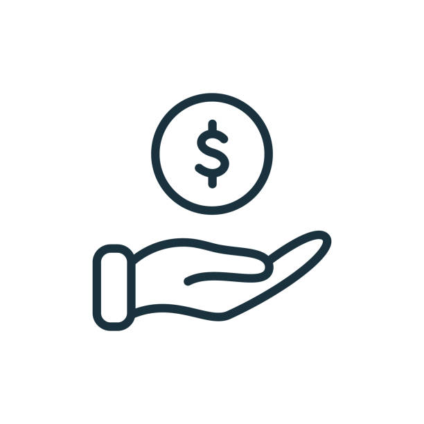 hand with dollar coin line icon. charity and donation concept. financial help for needy. sponsorship supporter linear icon. editable stroke. vector illustration - money stock illustrations