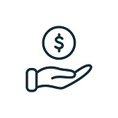 istock Hand with Dollar Coin line icon. Charity and Donation Concept. Financial Help for Needy. Sponsorship Supporter Linear Icon. Editable Stroke. Vector illustration 1330591104