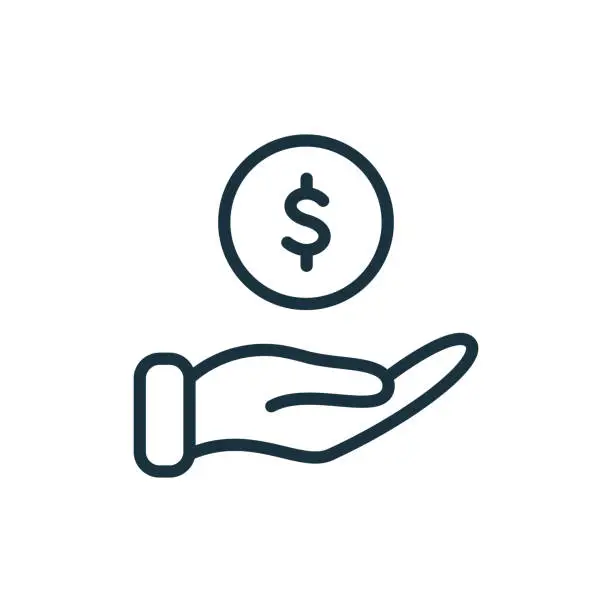 Vector illustration of Hand with Dollar Coin line icon. Charity and Donation Concept. Financial Help for Needy. Sponsorship Supporter Linear Icon. Editable Stroke. Vector illustration