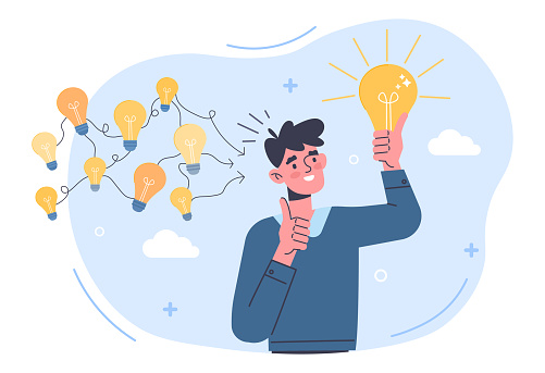 Gather ideas concept. Man came up with several ideas and chose the best one. Metaphor for brainstorming and creative thinking. Cartoon modern flat vector illustration isolated on a white background