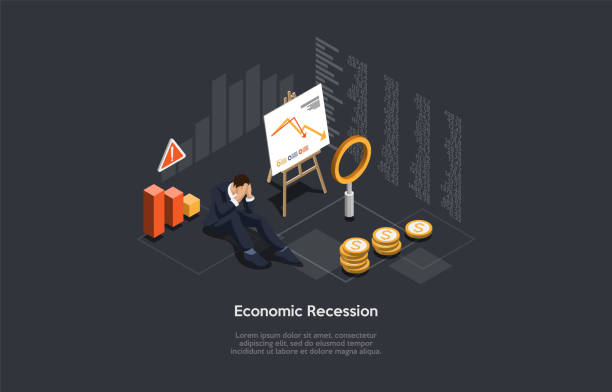 ilustrações, clipart, desenhos animados e ícones de composição vetorial sobre recessão econômica, problemas financeiros, conceito de falência bancária de negócios. ilustração isométrica, estilo 3d de desenho animado. triste empresário sentado, papel com gráficos e gráficos, moedas próximas. - despair credit crunch finance global communications