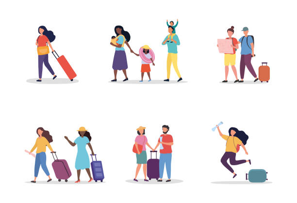 Set of scenes with tourists Set of scenes with tourists. People going on summer vacation, journey, trip. Young people, families with children, men, women, luggage and tickets. Cartoon flat vector collection on a white background progress illustrations stock illustrations