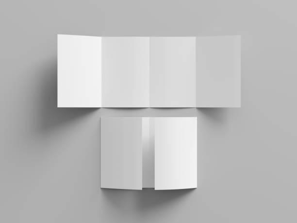 istock Vertical double gate fold brochure. Four panels, eight pages blank leaflet. Mock up on white background for presentation design. Unfolded and semi-folded. 1330594450