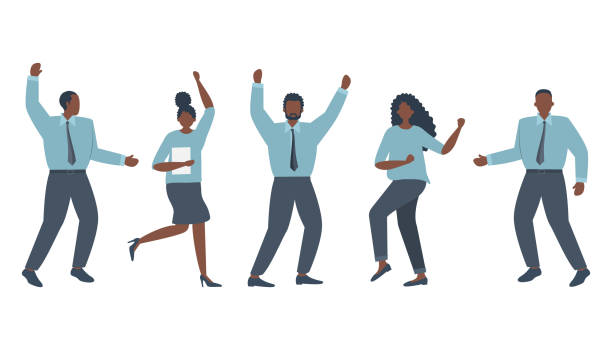 Office workers are celebrating the victory. Happy employees are dancing Office workers are celebrating the victory. Happy employees are dancing and jumping. Black business people. Funky flat style. Vector illustration political party illustrations stock illustrations