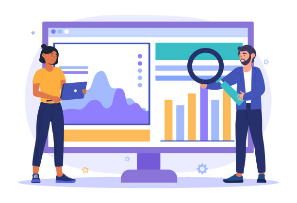 Data analysis concept Data analysis concept. Man and woman study sales statistics to promote and improve their business. Graphs and diagrams on large monitor. Cartoon flat vector illustration isolated on a white background organization improvement risk finance stock illustrations