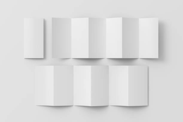 istock Vertical page zigzag or accordion fold brochure. Six panels, twelve pages blank leaflet. Mock up on white background for presentation design. Folded and unfolded front and back. 1330595053
