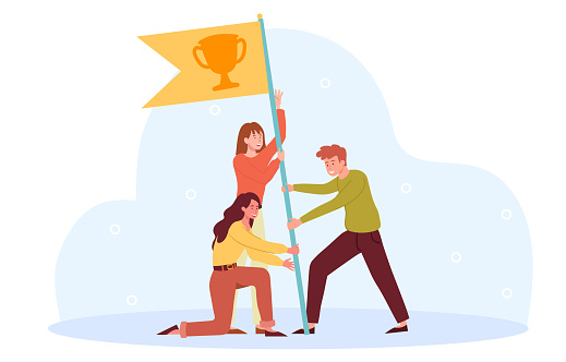 Teamwork and goal achievement concept. Colleagues together hold flag with trophy. Metaphor for achieving success and receiving a reward. Cartoon flat vector illustration on a white background