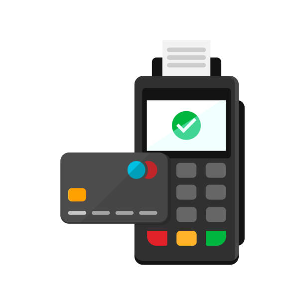 terminal with credit card. cashless payments concept in modern colorful style.vector illustration isolated on white background. - 車站 幅插畫檔、美工圖案、卡通及圖標
