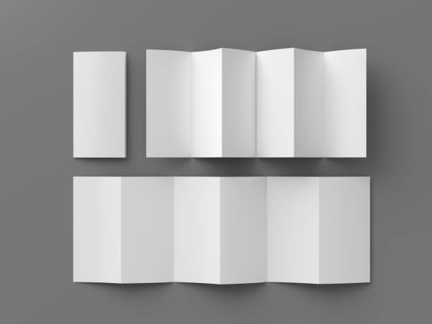 istock Vertical page zigzag or accordion fold brochure. Six panels, twelve pages blank leaflet. Mock up on gray background for presentation design. Folded and unfolded front and back. 1330595284