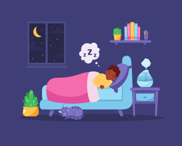 Little black boy sleeping in bedroom with air humidifier. Healthy sleep. Vector illustration Vector illustration for cards, icons, postcards, banners, logotypes, posters and professional design. going to bed cartoon stock illustrations