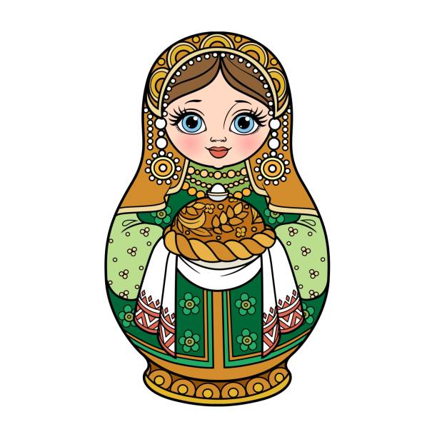 ilustraciones, imágenes clip art, dibujos animados e iconos de stock de muñeca tradicional rusa matrioshka con pan con variación de color de sal para colorear página aislada sobre fondo blanco - russian nesting doll nested russian culture toy